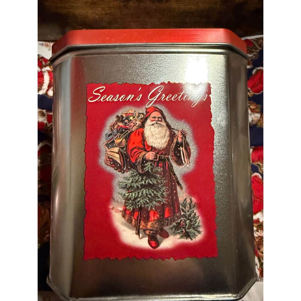 Vintage Christmas Santa Claus Tin Seasons Greetings Silver Red Holiday Decor 8in